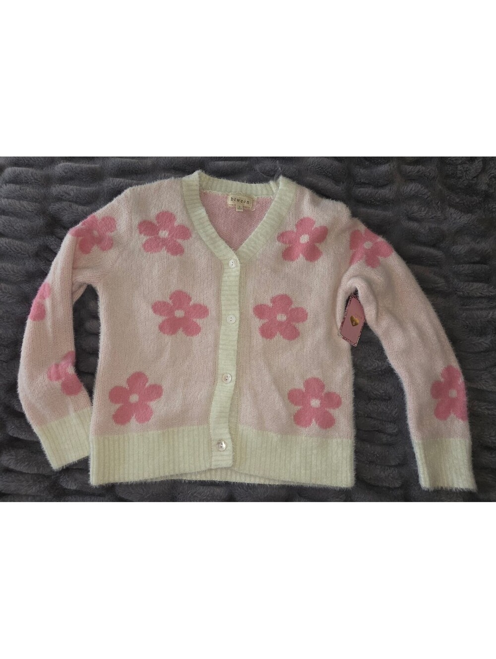 btween Girls Pink and White Flower Cardigan Sweater